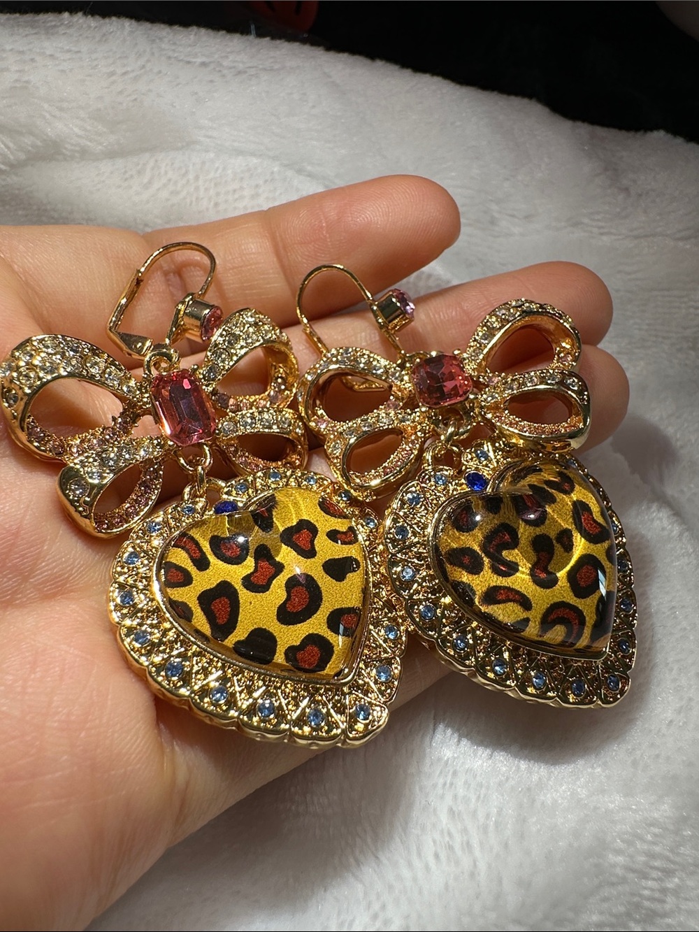 Gold Bow Heart Drop Earrings with Pink Crystal & Leopard Print